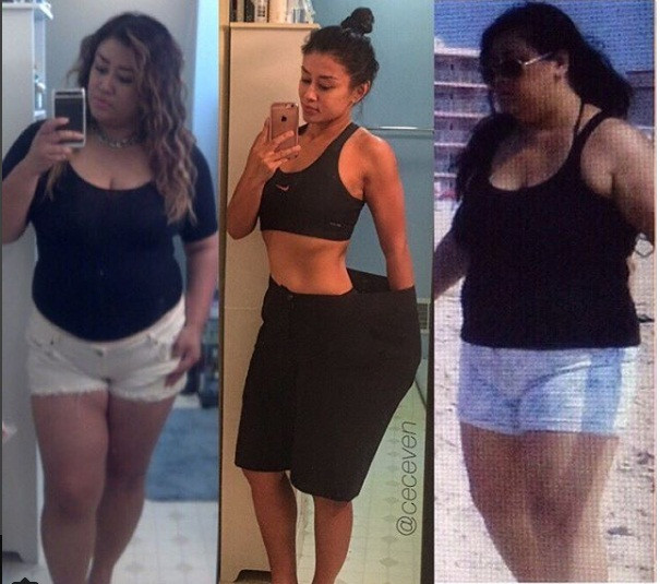 Christine (giữa) như "bơi" trong chiếc quần khổng lồ của chị mặc nhiều năm trước. Ảnh: BS.