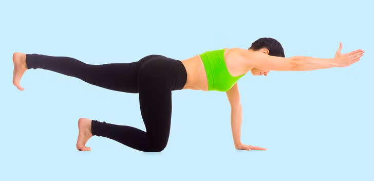 Bird-dog: Đây là động tác plank nâng cao, tập trung tác động vào vùng cơ bụng, lưng và mông. Chuẩn bị ở tư thế plank với đầu gối chạm đất, lần lượt đạp một chân ra phía sau, tay ngược bên đưa thẳng về phía trước. Thực hiện động tác 30 lần.