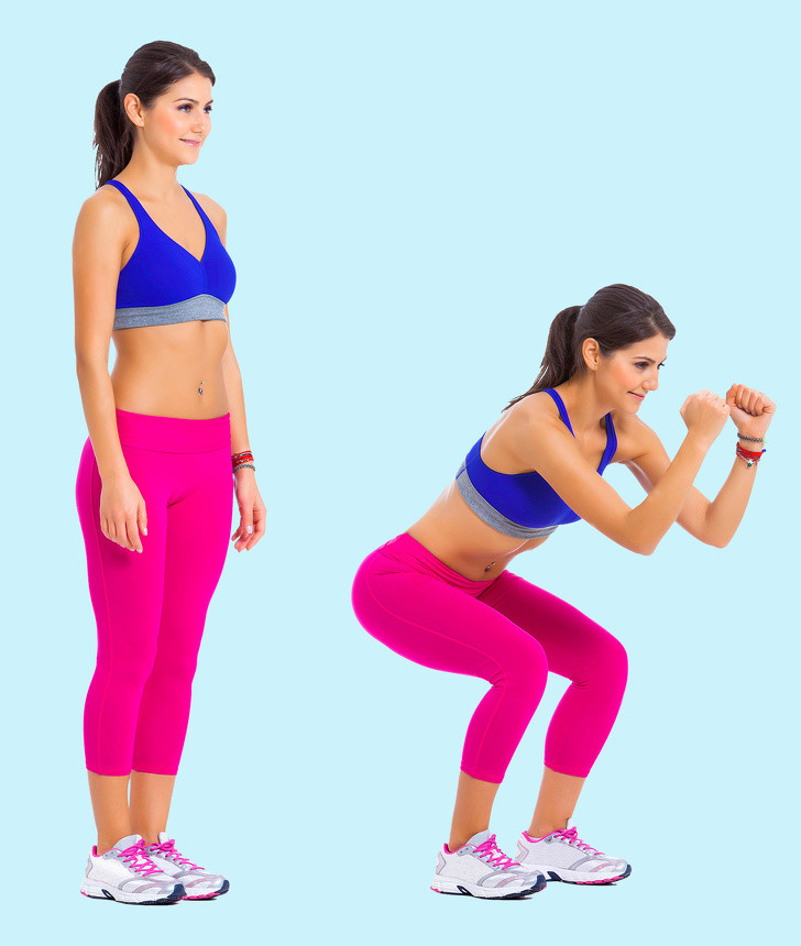 Squats: Động tác squats là bài tập giúp tăng kích cỡ vòng ba. Tuy nhiên, động tác này còn tác động lớn đến vùng cơ bụng. Thực hiện động tác squats 20 - 30 lần.