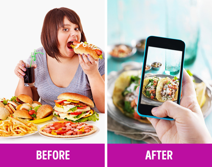 Chụp ảnh các món ăn: Các nhà tâm lý khuyên bạn nên chụp ảnh mỗi bữa ăn và cả đồ ăn vặt hàng ngày. Trước khi định ăn thêm thì bạn có thể xem lại những bức ảnh các bữa ăn trước để xem mình đã ăn gì. Điều này có thể giúp bạn không ăn quá nhiều.