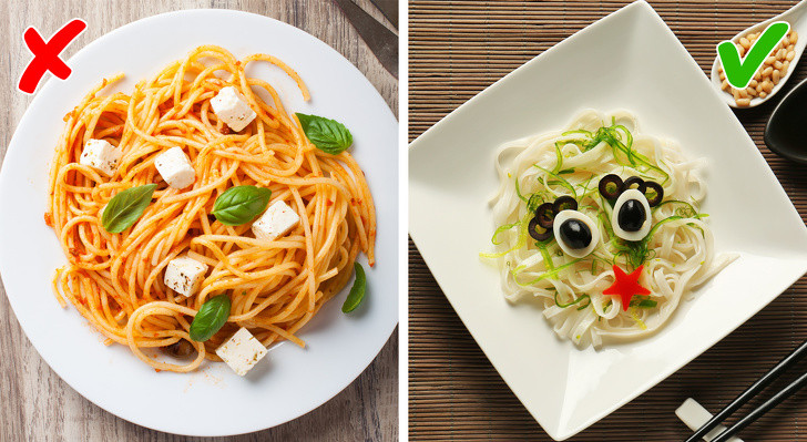 Bày biện đẹp mắt: Kích thích ăn những món tốt cho việc giảm cân bằng cách bày biện món ăn một cách sáng tạo như xếp hình bông hoa, ngôi sao hoặc mặt cười...