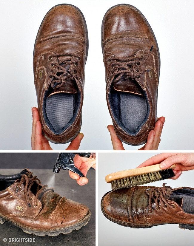 Để làm sạch và giúp giày da trông mới hơn, hãy lấy một ít nước và giấm trộn đều với nhau. Sau đó phun hỗn hợp này lên giày và nhẹ nhàng dùng bàn chải đánh giày cọ đi những vết bẩn.