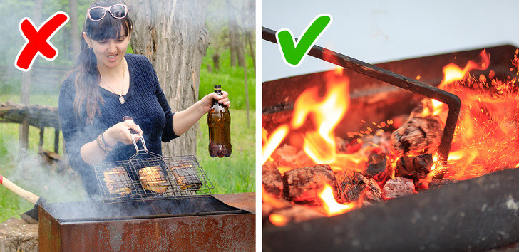 Trong khi nướng, nếu than cháy quá lớn, bạn hãy di chuyển xiên thịt sang một bên và lấy que cào than rộng ra để tránh làm cháy thịt.