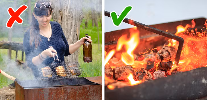 Trong khi nướng, nếu than cháy quá lớn, bạn hãy di chuyển xiên thịt sang một bên và lấy que cào than rộng ra để tránh làm cháy thịt.