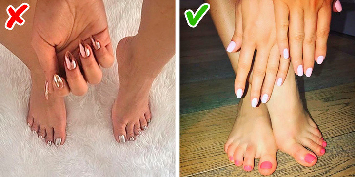 Móng tay và móng chân phải cùng màu: Ngày nay, quy tắc này đã lỗi thời bởi việc sơn móng tay và móng chân khác màu nhiều khi lại tạo nên sự phong cách và cá tính.