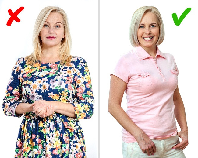 Áo đầm và áo choàng có in hoa làm cho bạn trông già hơn. Chọn một bộ trang phục màu pastel sẽ tôn da và giúp bạn trẻ trung hơn nhiều.