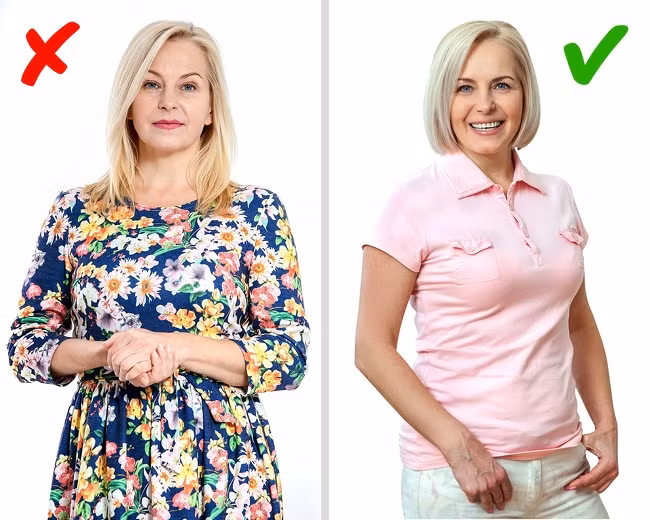 Áo đầm và áo choàng có in hoa làm cho bạn trông già hơn. Chọn một bộ trang phục màu pastel sẽ tôn da và giúp bạn trẻ trung hơn nhiều.