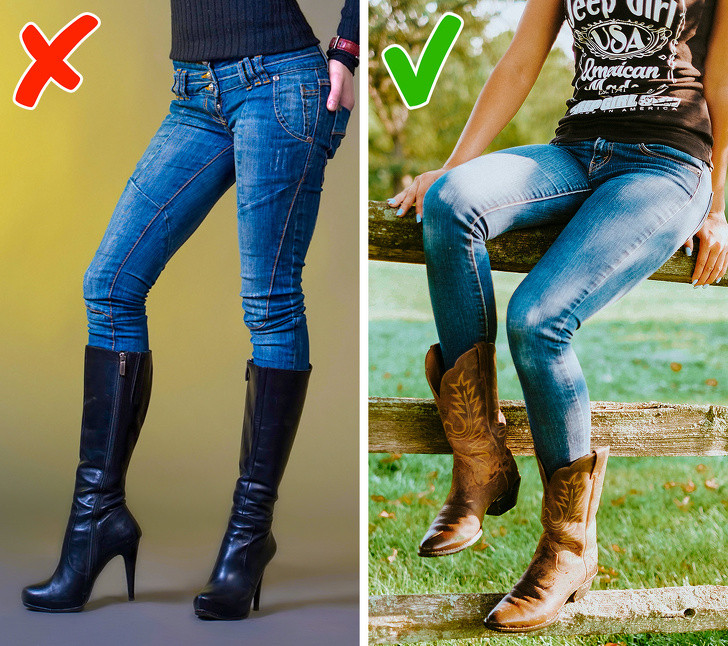 Quần jean bó đeo boot cao gót: Đây là phong cách thời trang không còn phù hợp nữa. Có một cách phối đồ hợp thời trang hơn là đeo boot thấp và mặc quần jeans bó.