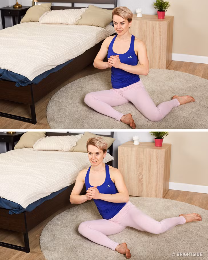 Tư thế Z: Bài tập này có tác động tích cực đến các cơ vòng 3 và khớp hông. Trượt chân trái về phía sau và co lại các cơ mông. Co đùi sau, chéo chân và quay lại vị trí bắt đầu.