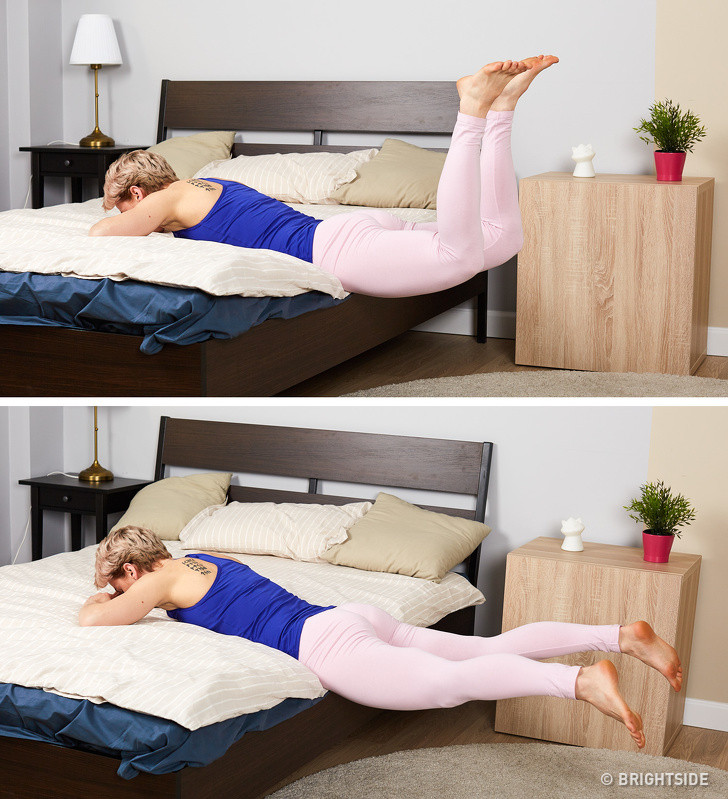 Chân thẳng: Nằm trên mép giường, uốn cong chân của bạn và nhấc chúng lên không trung. Bắt đầu duỗi thẳng chân giữ chúng trong không khí và co thắt mông. Đây là bài tập tăng size vòng 3 khá đơn giản và hiệu quả.