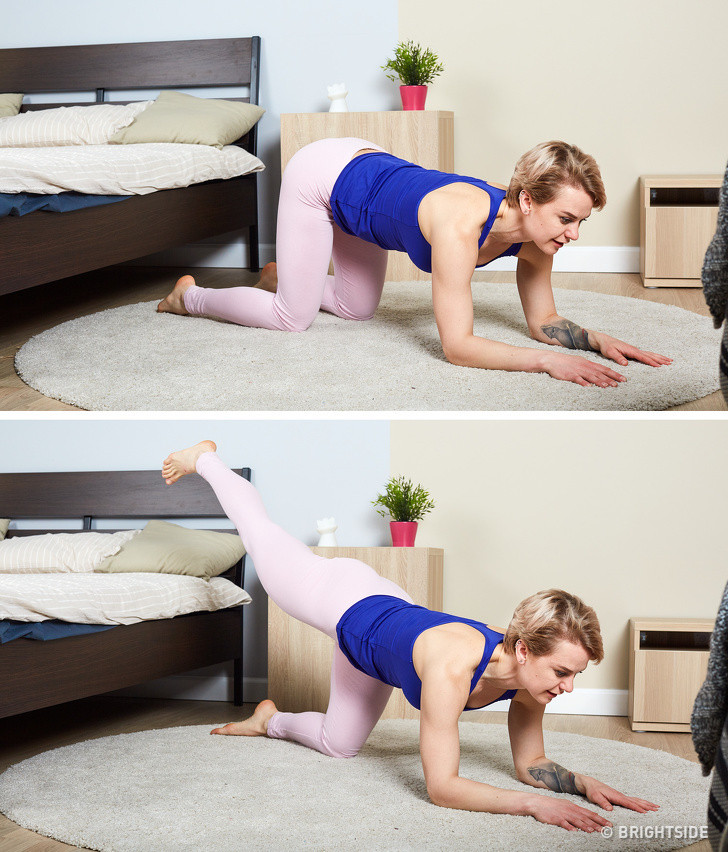 Bài tập đá lừa: Tư thế tương tự bài trên và tay khụy xuống, đá chân lên. Thay đổi chân, giữ thăng bằng và không co thắt lưng.