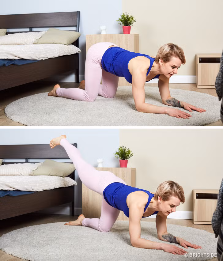 Bài tập đá lừa: Tư thế tương tự bài trên và tay khụy xuống, đá chân lên. Thay đổi chân, giữ thăng bằng và không co thắt lưng.