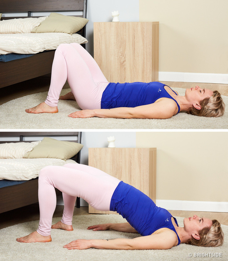 Bắc cầu mông: Nằm phẳng trên lưng với đầu gối cong. Nâng hông lên 45 độ và giữ trong 5 giây. Sau đó, trở lại vị trí bắt đầu và lặp lại để có hiệu quả tăng kích cỡ vòng 3.