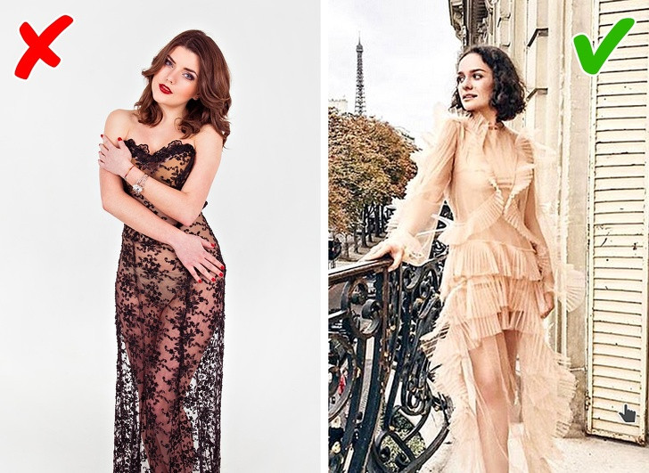 Mốt váy xuyên thấu đã thịnh hành từ nhiều năm trước. Tuy nhiên, việc chọn trang phục này để diện không đúng nơi, đúng chỗ sẽ khiến bạn bị cho rằng thô tục, bất lịch sự. Thay vào đó, bạn nên thử sang các dáng váy suông, váy đuôi cá hoặc váy có phần tà bất đối xứng.