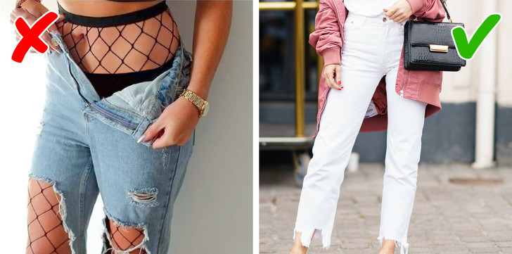 Kết hợp jeans rách cùng tất lưới từng là xu hướng thời trang được giới trẻ hưởng ứng. Tuy nhiên, xu hướng này không còn được đánh giá cao trong mùa mốt năm nay. Tốt nhất bạn nên sắm những chiếc quần có kiểu dáng cổ điển như mom jeans, jeans ống vẩy... với một chút sờn hoặc rách ở gấu là đủ.