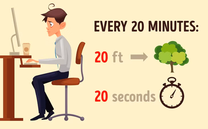 Bài tập 20/20/20: Nếu bạn phải làm việc cả ngày trước màn hình máy tính, hãy tạm dừng sau mỗi 20 phút và nhìn chằm chằm vào thứ gì đó cách 20 feet (6m) trong 20 giây. Bài tập này sẽ giúp mắt bạn thư giãn thường xuyên trong ngày làm việc. Ảnh: BS.