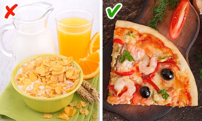 Chuyên gia dinh dưỡng Chelsey Amer đã tiến hành một nghiên cứu chứng minh rằng ăn một miếng bánh pizza vào bữa sáng tốt hơn là ăn ngũ cốc bởi pizza chứa nhiều protein, các thành phần tươi ngon và ít đường hơn ngũ cốc.