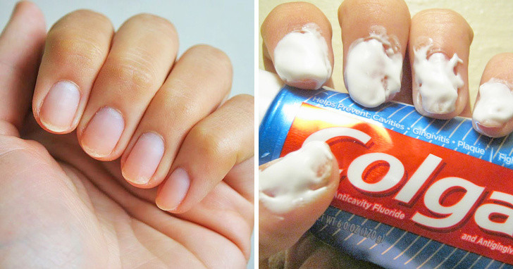Bạn có thể sử dụng kem đánh răng để đánh bóng móng tay: Chỉ cần bôi một ít kem đánh răng trên mỗi móng tay và để nó trong 10-15 phút. Sau đó, nhẹ nhàng chà móng tay bằng bàn chải đánh răng và chúng sẽ sáng bóng hơn. 