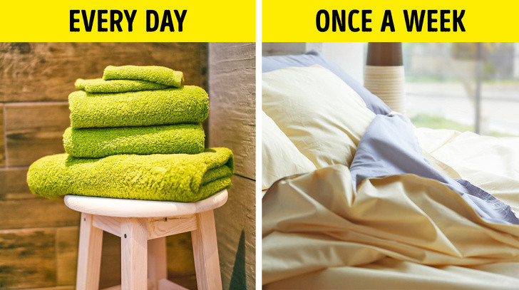 Giặt khăn tắm thường xuyên: Sức khỏe da không chỉ phụ thuộc vào sự chăm sóc da mà nó còn phụ thuộc vào mức độ thường xuyên thay khăn trải giường và khăn tắm của bạn. Bác sĩ khuyên bạn nên giặt khăn tắm mỗi ngày; vỏ gối 3 ngày một lần nếu bạn có da dầu, hoặc một lần một tuần nếu bạn có làn da khô hoặc bình thường.