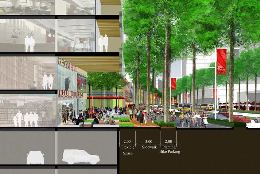 Với mục tiêu hướng tới không gian sống mở, hiện đại, khu đô thị mới Thủ Thiêm dự kiến trong 20 năm tới chứa hơn 130.000 cư dân. Đường xá rộng rãi, thoáng đãng với tỷ lệ không gian công cộng, vỉa hè và bãi đỗ xe đạp, môtô là 2:3:2.