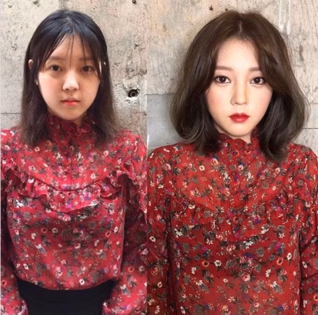 Tất cả nhược điểm trên mặt đã được khắc phục hết bằng một lớp trang điểm nhẹ và kiểu tóc phù hợp.