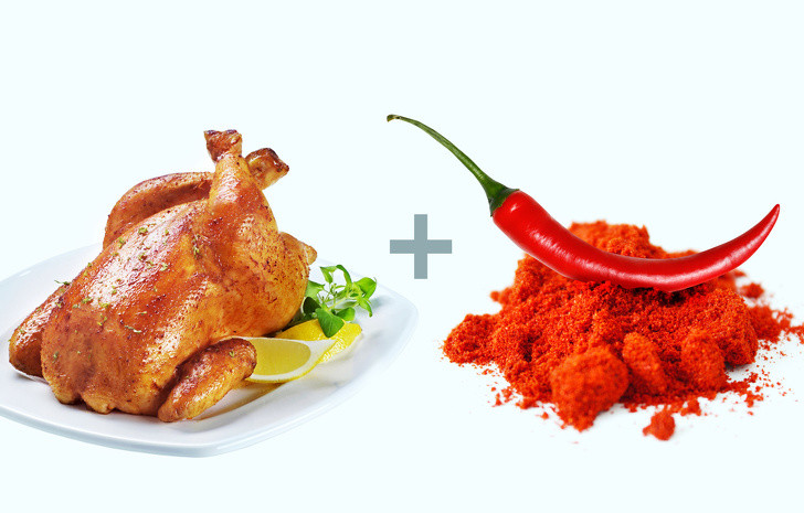 Gà + Ớt cay Cayene Pepper: Gà giúp giảm cân vì calo thấp và hàm lượng protein cao. Ớt Cayenne rất giàu capsaicin - hợp chất kiểm soát sự thèm ăn và làm tăng tốc độ cơ thể đốt cháy calo.