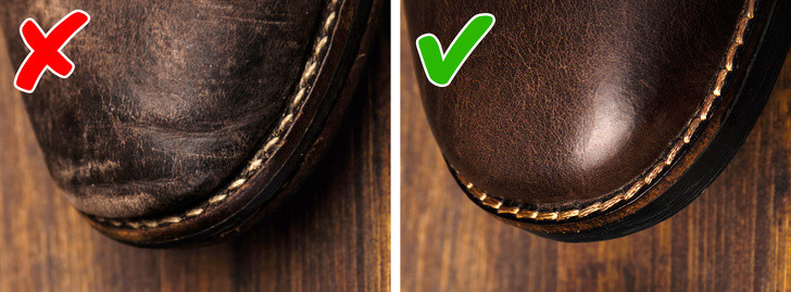 Khi đôi giày cũ bẩn, bạn hãy lấy nửa củ khoai tây chà xát thật mạnh, thật kỹ trên giày rồi đánh bóng lại bằng xi, nó sẽ mềm mại trở lại.