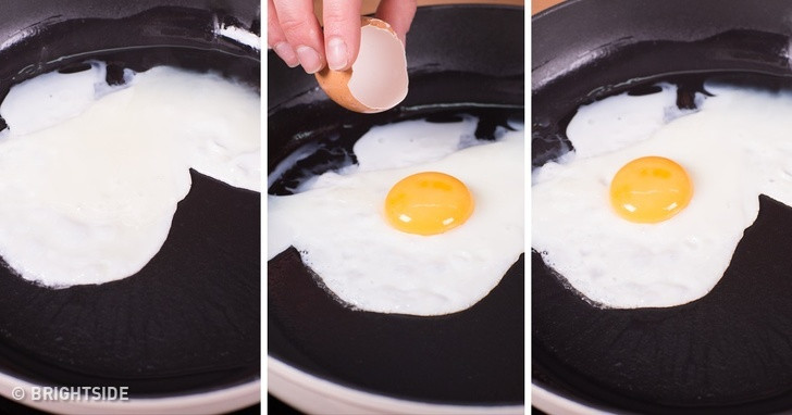 Để làm cho trứng chiên trông đẹp mắt và ngon miệng, bạn nên làm theo một quy tắc đơn giản. Đầu tiên, chiên lòng trắng trứng trong khoảng một phút, sau đó thêm lòng đỏ lên trên. Ảnh: BS.