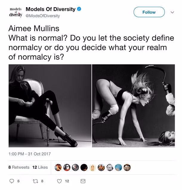 Dù sở hữu đôi chân giả bằng sắt nặng nề nhưng Aimee Mullins đã lập kỷ lục thế giới về bước chạy nước rút 100m, 200m và kỷ lục Paralympic cho bước nhảy dài.