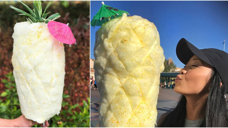 Không chỉ giống như một quả dứa thực sự, loại kẹo bông này được bao phủ những hạt vàng lấp lánh và trang trí với ô dù nhỏ và lá dứa.