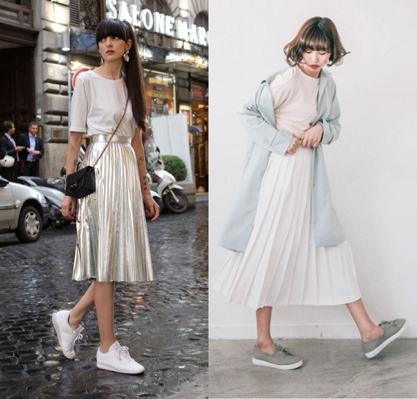 2. Phối với chân váy: Giày sneaker và chân váy là bộ đôi dành cho cô nàng công sở năng động. Set đồ này vừa mang lại sự thoải mái vừa tạo vẻ ngọt ngài, nữ tính và thanh lịch cho người mặc.