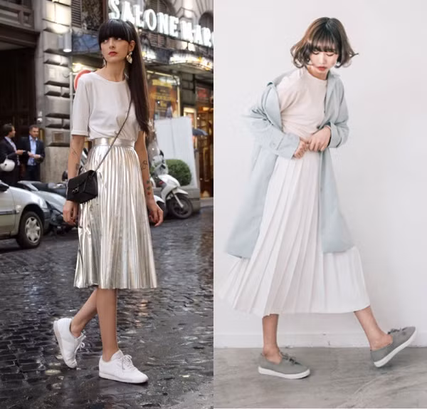 2. Phối với chân váy: Giày sneaker và chân váy là bộ đôi dành cho cô nàng công sở năng động. Set đồ này vừa mang lại sự thoải mái vừa tạo vẻ ngọt ngài, nữ tính và thanh lịch cho người mặc.