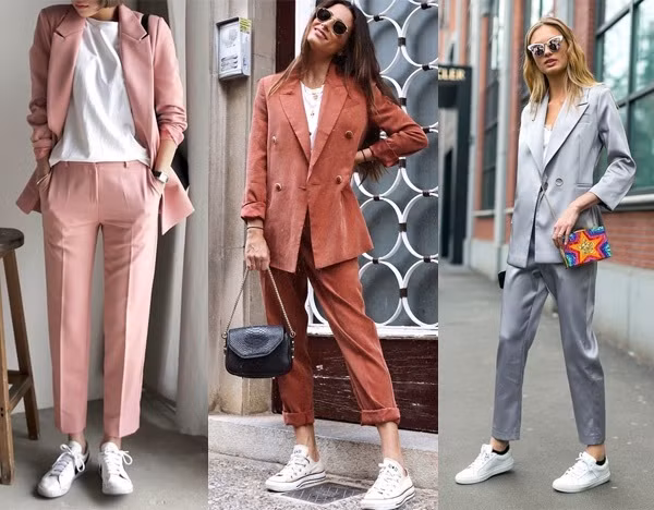4. Phối với bộ suit: Hãy thử làm mới mình một chút bằng cách mix giày sneaker cùng bộ suit đóng thùng. Chắc chắn bạn sẽ trở thành quý cô công sở thanh lịch đấy.