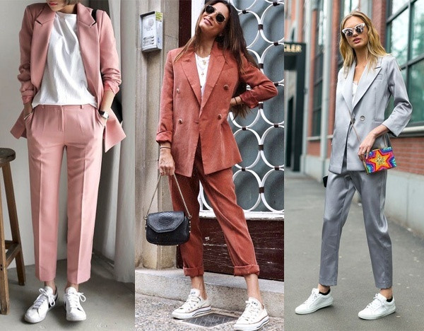 4. Phối với bộ suit: Hãy thử làm mới mình một chút bằng cách mix giày sneaker cùng bộ suit đóng thùng. Chắc chắn bạn sẽ trở thành quý cô công sở thanh lịch đấy.