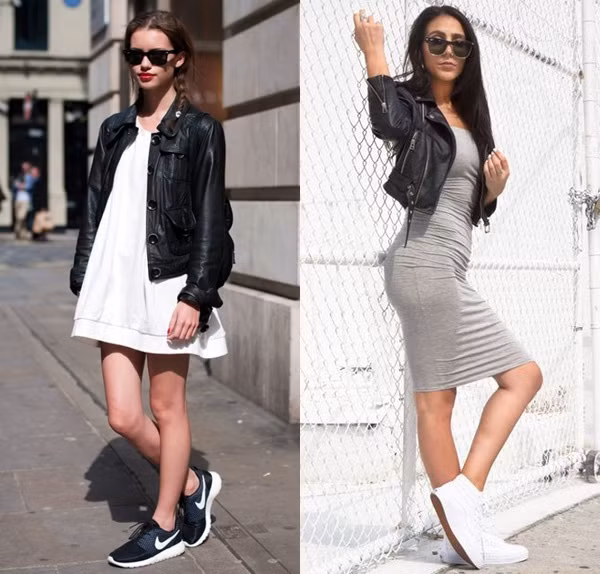 3. Phối với áo khoác da: Áo khoác da và giày sneaker sẽ đem lại cho bạn phong cách phóng khoáng và cá tính hơn rất nhiều.