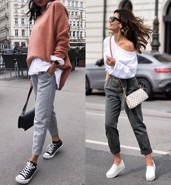 8. Phối với quần vải: Muốn có phong cách lịch sự, thanh lịch, chững chạc bạn không nên bỏ qua quần vải kết hợp với giày sneaker.