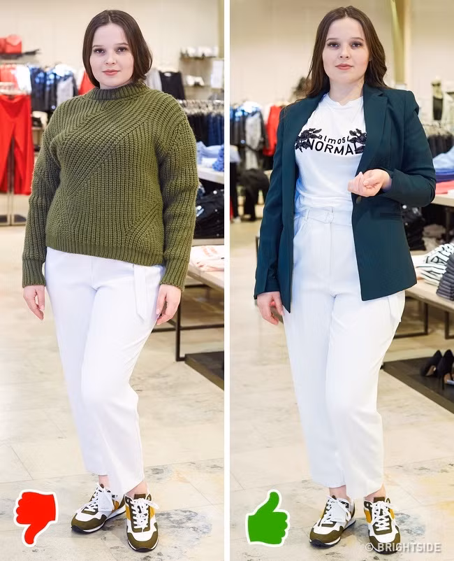 Một trong những mẹo chọn quần áo là sao cho phần trên cùng và dưới cùng là tối hoặc sáng và không quá tương phản. Nếu bạn muốn tạo điểm nhấn một cách trang nhã, có thể khoác thêm một chiếc áo khác màu bên ngoài.