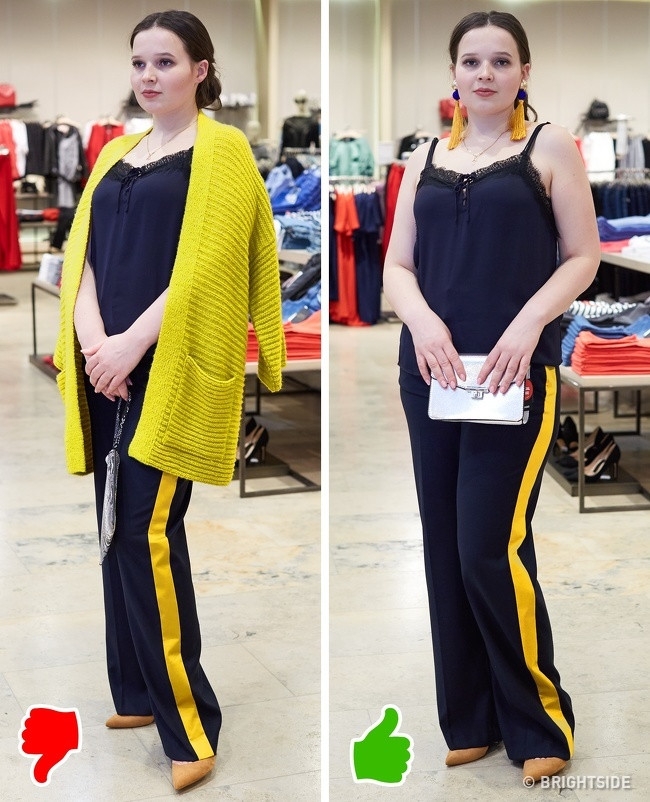 Bạn có thể sử dụng các phụ kiện như quần kẻ sọc hay bông tai dài để “kéo dài” chiều cao.