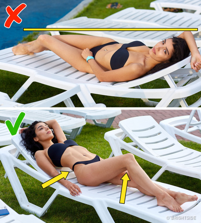 Nếu bạn muốn chụp một bức ảnh nằm trên ghế, đừng đối mặt với máy ảnh, góc này sẽ làm biến dạng cơ thể. Nó làm cho phần trên trông quá "lộn xộn", và chân trông quá ngắn. Tốt hơn là chân của bạn ở phía trước khiến chúng trông dài hơn. Đừng quên cong lưng, chỉ chạm vào bề mặt ghế bằng đầu, mông và vai. Uốn cong chân gần camera nhất, ở đầu gối.