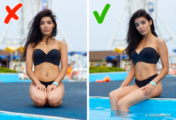 Khi chụp trong tư thế ngồi, hãy chắc chắn rằng đầu gối của bạn không bao giờ đối mặt trực tiếp với máy ảnh - chúng sẽ khiến đùi bạn to hơn so với thực tế. Tốt hơn là ngồi sang một bên và nhấc chân lên một chút để làm cho hông trông săn chắc hơn.