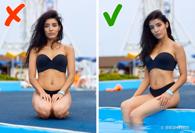 Khi chụp trong tư thế ngồi, hãy chắc chắn rằng đầu gối của bạn không bao giờ đối mặt trực tiếp với máy ảnh - chúng sẽ khiến đùi bạn to hơn so với thực tế. Tốt hơn là ngồi sang một bên và nhấc chân lên một chút để làm cho hông trông săn chắc hơn.