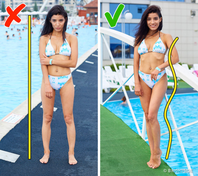 Khi chụp ảnh toàn thân, hãy tránh kiểu tạo dáng "người lính". Khi bạn đứng thẳng, đối diện với máy ảnh, cơ thể mất đường cong đẹp và trông phẳng lì. Nếu bạn đứng nghiêng một nửa, bạn sẽ trông nữ tính hơn. Bạn có thể chạm vào tóc hoặc dựa vào một cái gì đó để giữ cho bàn tay đẹp và tự nhiên.