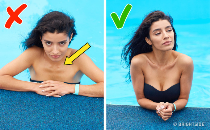 Khi ai đó đang chụp chân dung bạn, hãy đảm bảo họ không đứng chụp từ trên xuống. Yêu cầu nhiếp ảnh gia ngồi xuống và chụp ảnh để họ ở ngang tầm với bạn. Quay mặt về phía máy ảnh và nhấc vai lên một chút. Bạn sẽ làm nổi bật cổ dài và xương quai xanh quyến rũ.