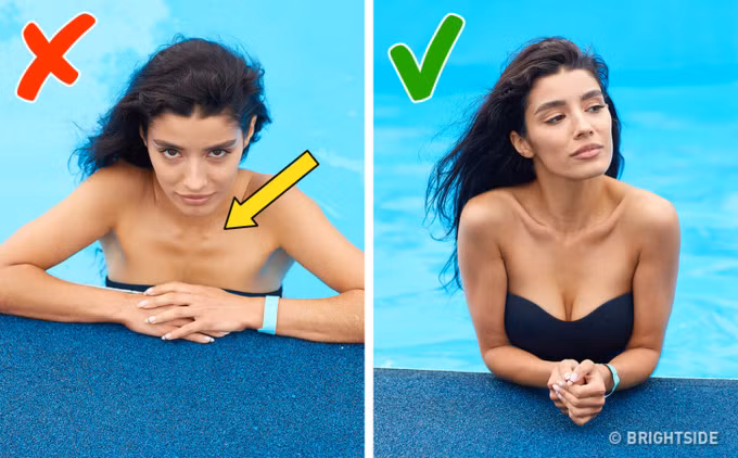 Khi ai đó đang chụp chân dung bạn, hãy đảm bảo họ không đứng chụp từ trên xuống. Yêu cầu nhiếp ảnh gia ngồi xuống và chụp ảnh để họ ở ngang tầm với bạn. Quay mặt về phía máy ảnh và nhấc vai lên một chút. Bạn sẽ làm nổi bật cổ dài và xương quai xanh quyến rũ.