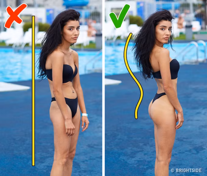 Luôn luôn chú ý tư thế của bạn, để làm nổi bật tính nữ tính của cơ thể và những đường cong đẹp đẽ của nó, hãy đứng bằng đầu ngón chân. Mông của bạn sẽ trông săn chắc hơn và chân của bạn sẽ dài hơn.