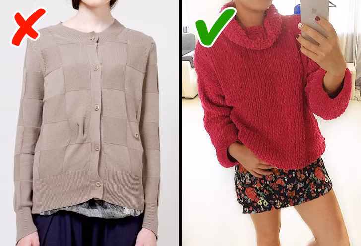 Quần áo dệt kim đóng cúc thường khiến người mặc già nua và xấu đi. Tốt nhất, bạn nên chọn áo nỉ trơn để hình ảnh trẻ trung hơn.