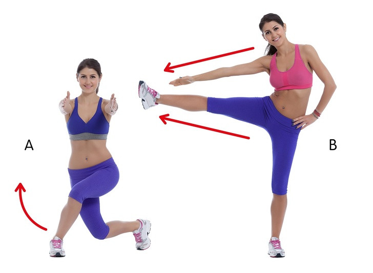 Bài tập đá chân: Hãy lùi chân trái lại một bước lớn, người vặn sang phía bên phải. Đứng lên, đá chân trái sang một bên và giơ tay trái với bàn chân. Lặp lại động tác này trong 30 giây và sau đó đổi bên. Lặp lại 3 lần với 20-30 giây nghỉ.