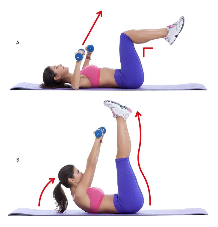 Bài tập ép ngực với chân mở rộng: Nằm ngửa với hai cánh tay cầm tạ giơ trước ngực và đầu gối cong ở một góc 90 độ. Đẩy cánh tay lên cao và nâng chân lên song song. Quay trở lại vị trí ban đầu và lặp lại trong 45 giây. Lặp lại 3 lần với 20-30 giây nghỉ.