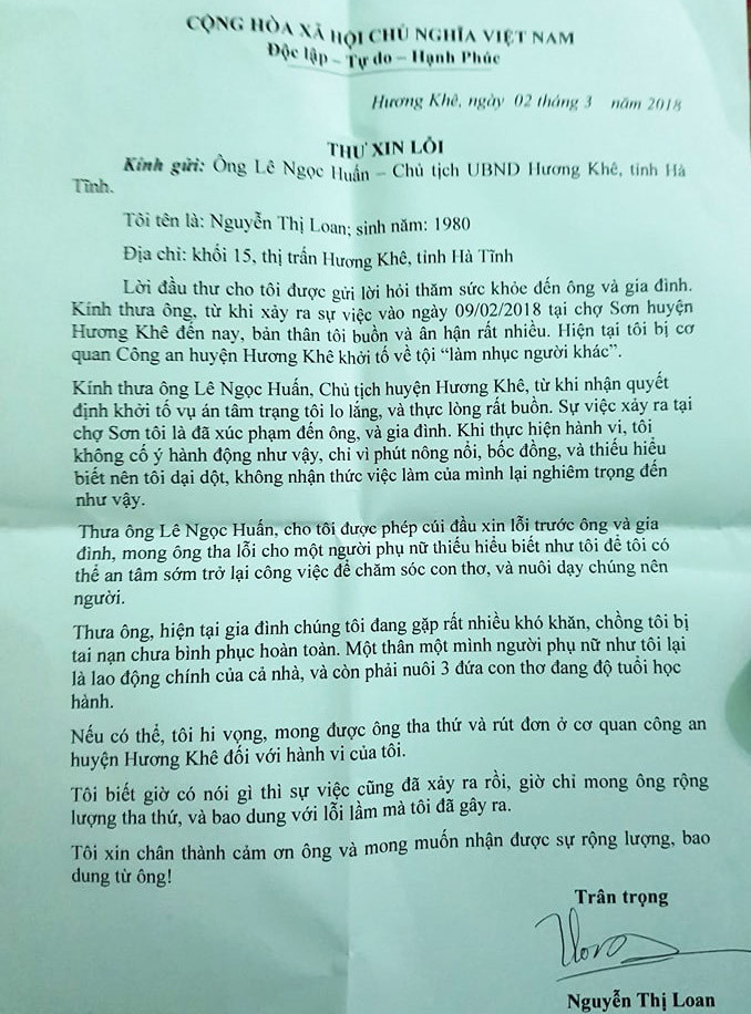 Bức thư của chị Nguyễn Thị Loan gửi ông Lê Ngọc Huấn.
