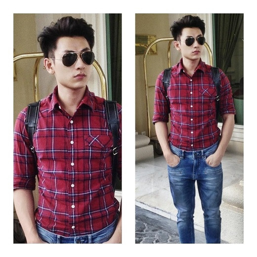 Áo sơ mi kẻ phối với quần jean rất nam tính.